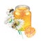Watercolor honey bottle decorated with chamomile flowers