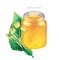 Watercolor honey bottle decorated with linden flowers