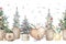 Watercolor horizontal seamless pattern - border. Christmas tree decorated with balls, lights, twigs, wood slices, spruce