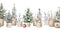 Watercolor horizontal seamless pattern - border. Christmas tree decorated with balls, lights, twigs, wood slices, spruce