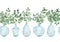 Watercolor horizontal seamless pattern house green plants in glass vase with branches eucalyptus set. Eco natural minimalistic.