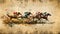 Watercolor horseracing thundering charge from side of field, dust and mud from the charging horses with jockeys leaning forward.