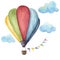 Watercolor hot air balloon set. Hand drawn vintage air balloons with flags garlands, clouds and retro design