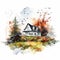 Watercolor House With Birds In Fall - Stylistic Nature Scene Illustration