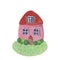 Watercolor house. Cute pink fairytale house. Hand painted illustration, isolated on white. Cartoon hand drawn style