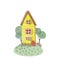 Watercolor house. Cute yellow fairytale house. Hand painted illustration, isolated on white. Cartoon hand drawn style.