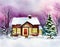 Watercolor of house exterior christmas scene