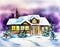 Watercolor of house exterior christmas scene