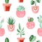 Watercolor house plants in pink pots seamless pattern on white background