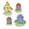 Watercolor houses. Set of cute fairytale houses. Hand painted illustrations, isolated on white. Cartoon hand drawn style