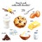 Watercolor `How to cook cookie with chocolate chips` hand drawn illustration isolated on white. Recipe and ingredient