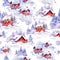 Watercolor Ð¡hristmas seamless pattern, winter red houses covered with snow in scandinavian style