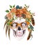 Watercolor human skull in trendy glasses and wreath with flowers and feathers wrapping head