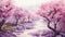 Watercolor Humid Surreal Landscape Of Cherry Blossom Tree In Flowing Stream