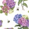 Watercolor hydragenia seamless pattern and branch and bumblebees