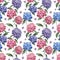 Watercolor hydrangea seamless pattern. Hand painted blue, violet, pink flowers with leaves and branch isolated on white