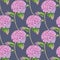 Watercolor Hydrangea seamless pattern. Hand painted pink Hortensia flower with leaves and stem on dark purple background
