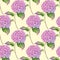 Watercolor Hydrangea seamless pattern. Hand painted pink Hortensia flower with leaves and stem on pastel yellow