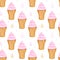 Watercolor ice cream in a crispy waffle cup. Seamless pattern with ice cream on a light background. Airy cool ice cream