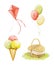 Watercolor ice cream, kite, balloons and picnic basket