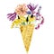 Watercolor ice cream in waffle cone with wildflowers, field floral, ditsy flower. Summer illustration for print