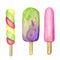 Watercolor Ice lollys colored set. Bright Color fruity collection of frozen popsicles. Raspberry, Bluebery, Kiwi, cherry