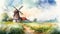 watercolor idyllic landscape field with windmill on a summer day