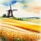 watercolor idyllic landscape field with windmill on a summer generated