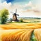 watercolor idyllic landscape field with windmill on a summer generated
