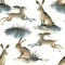 Watercolor illustartion of brown wild hare on white background. Seamles pattern about rabbit on the meadow