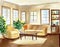 Watercolor of illustrated friendly living room with wall