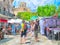 Watercolor illustratiion of farmer market in Sineu village in Mallorca. Spain