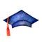 Watercolor illustration of Academic student graduation celebration uniform cap. University hat in black ink isolated on