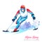 Watercolor illustration. Alpin Skiing. Disability snow sports. Disabled athlete riding by ski on snow. Active people