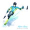 Watercolor illustration. Alpin Skiing. Disability snow sports. Disabled athlete riding by ski on snow. Active people