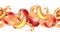 Watercolor illustration with apricots on splashing juice isolated on white. Seamless border with fruits and drops