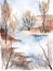 Watercolor illustration of autumn river
