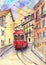 Watercolor illustration of aÑ‚ old town street with a red tram