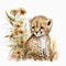 Watercolor illustration of a baby cheetah cub sitting among flowers