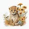 Watercolor illustration of baby cheetah sitting among wildflowers