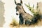 Watercolor illustration of a baby donkey with wildflowers in background