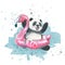 Watercolor illustration of a baby panda bathing in an inflatable pink flamingo circle. Splashes of water on a blue