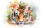Watercolor illustration of baby tiger surrounded by flowers and splashes of watercolor paint