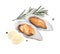 Watercolor illustration of baked mussels with lemon and rosemary and peppercorns isolated on white background