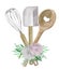 Watercolor illustration of bakery with whisk, spoon and spatula. Logo for cake shop and bakery