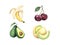 Watercolor illustration of banana, melon, cherry and avocado
