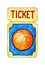 Watercolor illustration of a basketball ticket. Yellow ticket with a basketball ball on a blue background.