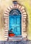 Watercolor illustration of a beautiful antique turquoise wooden door