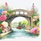 Watercolor illustration beautiful canal bridge with beautiful flowers, colorful flower gardens, roses