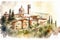 Watercolor illustration of the beautiful fields of Tuscany in Italy
